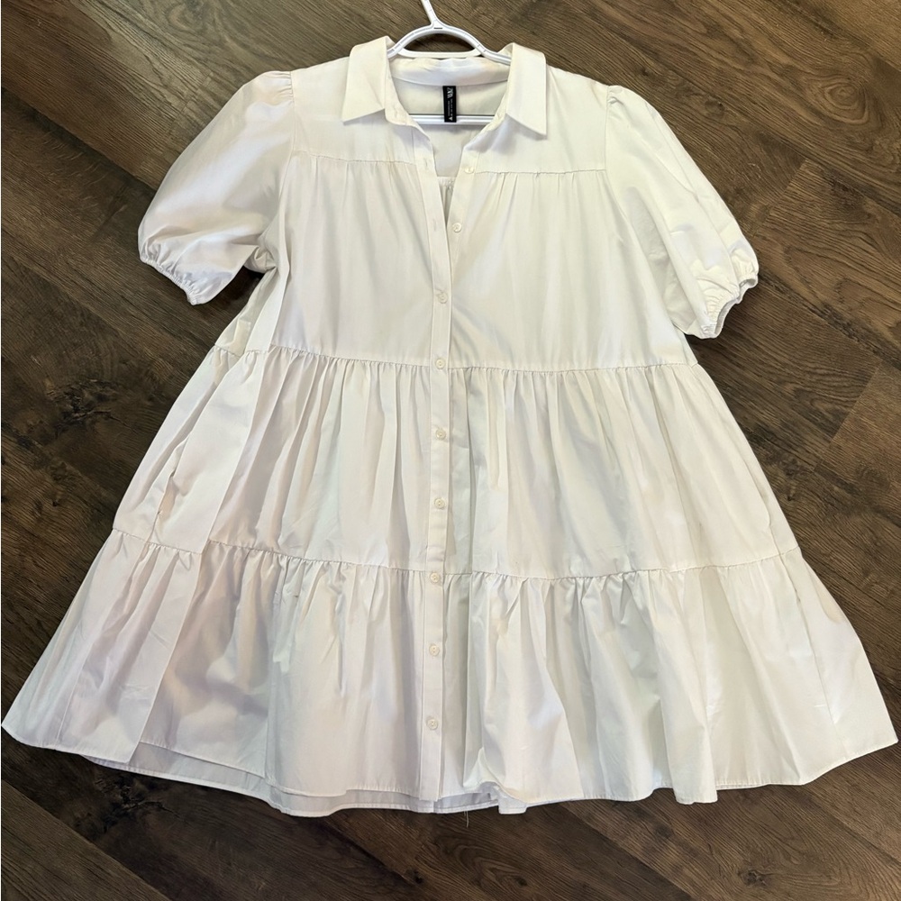 Zara White Tiered Button-Down Dress